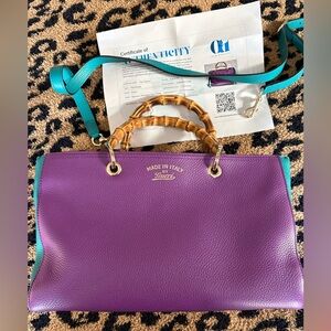 Vintage Gucci Two way, Bamboo Handle.Purple and teal leather Tote withTeal Strap